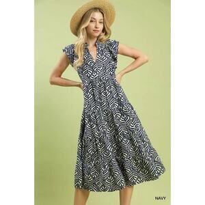 Umgee Leaf Print Tiered Midi Dress with Ruffle Detail